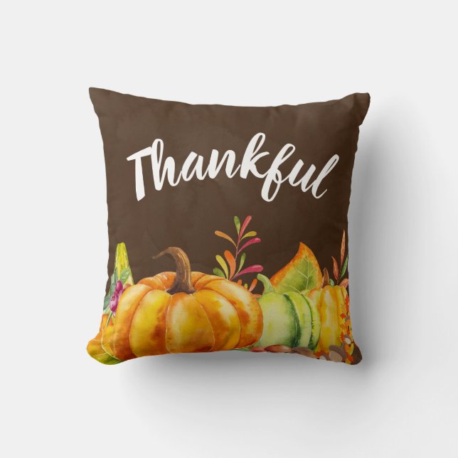 Harvest Pumpkins, Leaves and Foliage Thankful Cushion (Front)