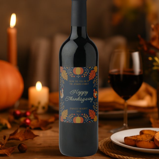 Harvest Reserve Autumn Turkey Family Thanksgiving Wine Label (Creator Uploaded)