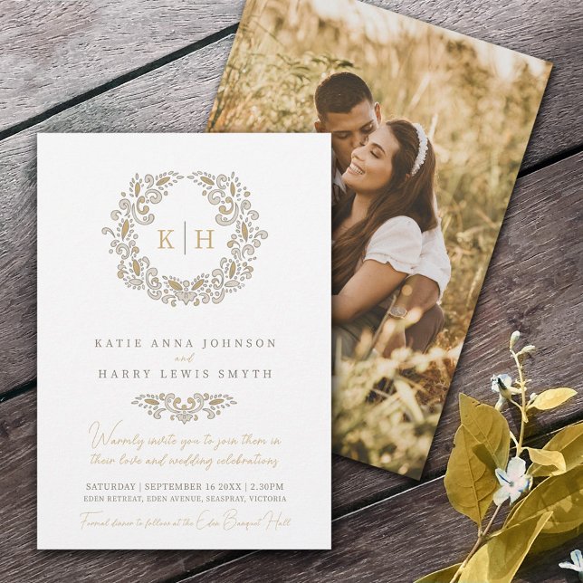 Harvest stylised wreath monogram wedding photo invitation (Creator Uploaded)