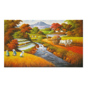 Harvest Time: A Rural Landscape with a Mountain Photo Print