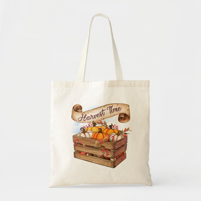 Harvest Time Tote Bag (A beautifully designed tote bag featuring a wooden crate filled with vibrant pumpkins!)
