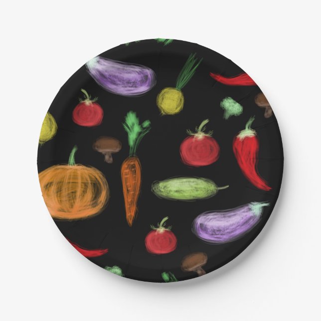 Harvest vegetables tomato pepper carrot mushroom c paper plate (Front)