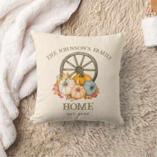 Harvest Wheel & Pumpkins Autumn Fall Family Name Cushion