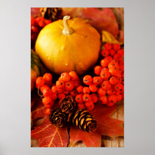Harvested pumpkins with fall leaves 2 poster
