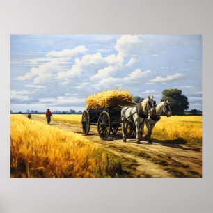 Harvesting Grains with Horse-Pulled Wagon Poster