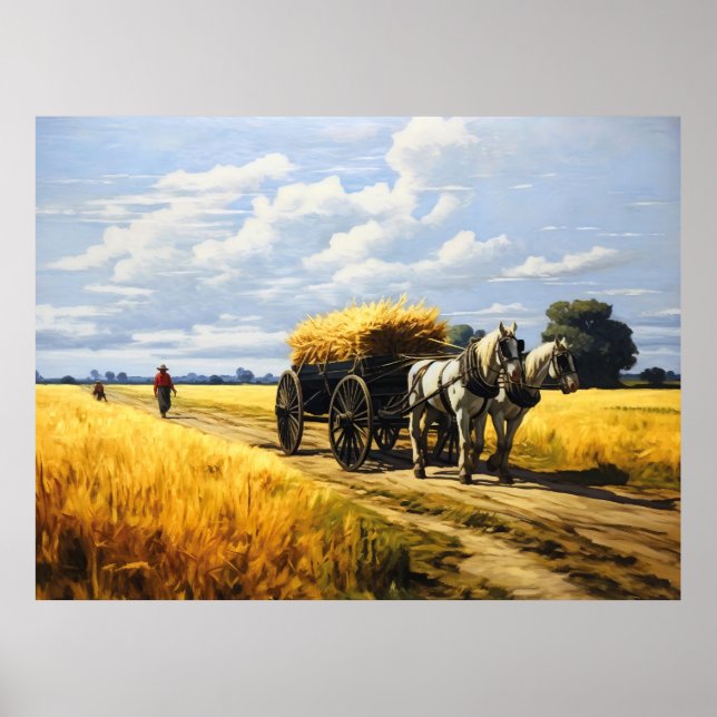 Harvesting Grains with Horse-Pulled Wagon Poster (Front)