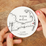 Harwich MA Wequassett Resort Cape Cod Wedding Round Paper Coaster<br><div class="desc">Cheers to great times on Cape Cod at your coastal wedding celebration in Harwich with these personalised Black and White Cape Cod map paper coasters. Perfect customised paper coasters for your Cape Cod clam bake, Engagement Party, Wedding Welcome Party, Cocktail Hour or Wedding Reception in Harwich, MA, with the moveable...</div>