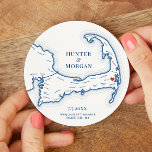 Harwich MA Wequassett Resort Cape Cod Wedding Round Paper Coaster<br><div class="desc">Cheers to great times on Cape Cod at your coastal wedding celebration in Harwich with these personalised Cape Cod map paper coasters. Perfect customised paper coasters for your Cape Cod clam bake, Engagement Party, Wedding Welcome Party, Cocktail Hour or Wedding Reception in Harwich, MA, with the moveable heart right over...</div>