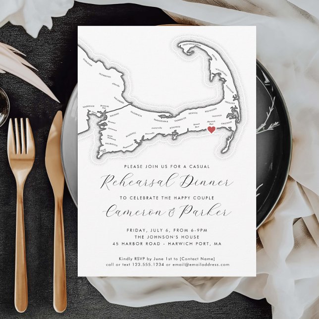 Harwich Port MA Casual Wedding Rehearsal Dinner Invitation (Harwich Port MA Casual Wedding Rehearsal Dinner Invitation with Black and White Cape Cod Map)