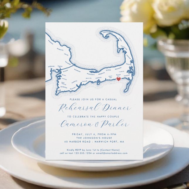 Harwich Port MA Casual Wedding Rehearsal Dinner Invitation (Harwich Port MA Casual Cape Cod Wedding Rehearsal Dinner Invitation in Blue - Coastal Map Designs)