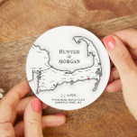 Harwich Port MA Wychmere Beach Club Wedding Round Paper Coaster<br><div class="desc">Cheers to great times on Cape Cod at your coastal wedding celebration with these elegant personalised black and white Cape Cod map paper coasters. Perfect customised paper coasters for your Cape Cod clam bake, Engagement Party, Wedding Welcome Party, Cocktail Hour or Wedding Reception in Harwich Port, MA, with the moveable...</div>