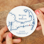 Harwich Port MA Wychmere Beach Club Wedding Round Paper Coaster<br><div class="desc">Cheers to great times on Cape Cod at your coastal wedding celebration with these personalised Cape Cod map paper coasters. Perfect customised paper coasters for your Cape Cod clam bake, Engagement Party, Wedding Welcome Party, Cocktail Hour or Wedding Reception in Harwich Port, MA, with the moveable heart right over Wychmere...</div>