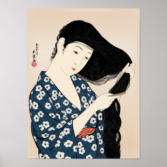 Hashiguchi Goyo - Woman in Blue Combing Her Hair Poster (Front)