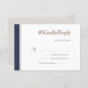 Hashtag Blue Stripes Gold White Grey Wedding RSVP Invitation