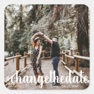 hashtag change the date photo modern wedding square sticker