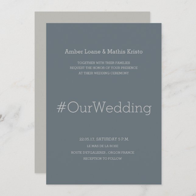 Hashtag chic modern elegant blue grey wedding invitation (Front/Back)