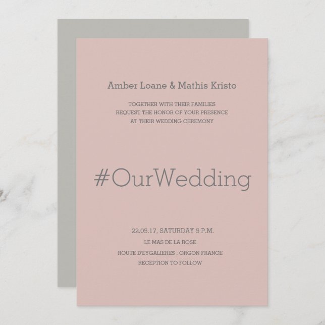Hashtag modern elegant blush pink grey wedding invitation (Front/Back)