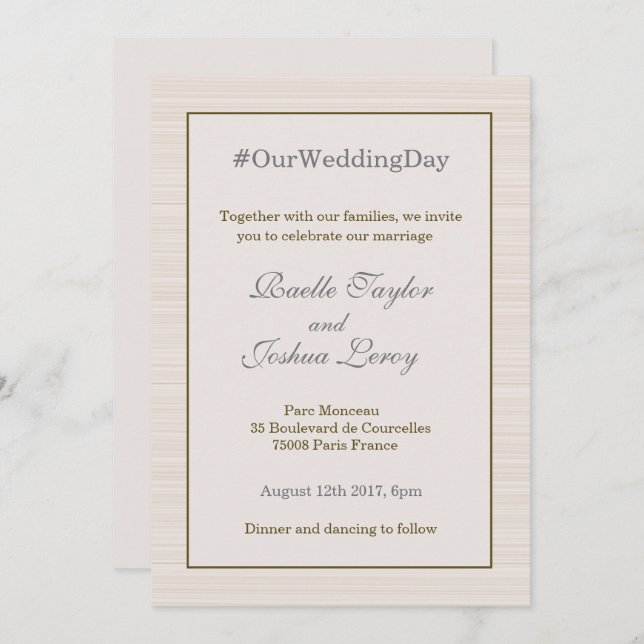 Hashtag personalised gold grey stripes wedding invitation (Front/Back)