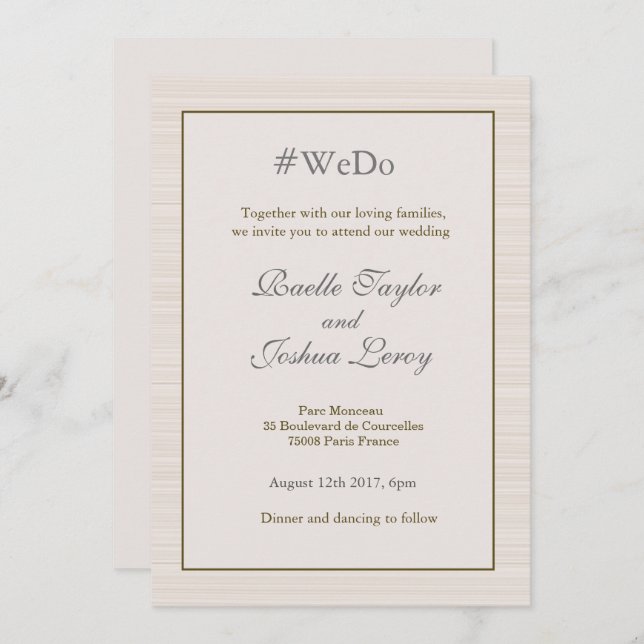 Hashtag personalised gold grey stripes wedding invitation (Front/Back)
