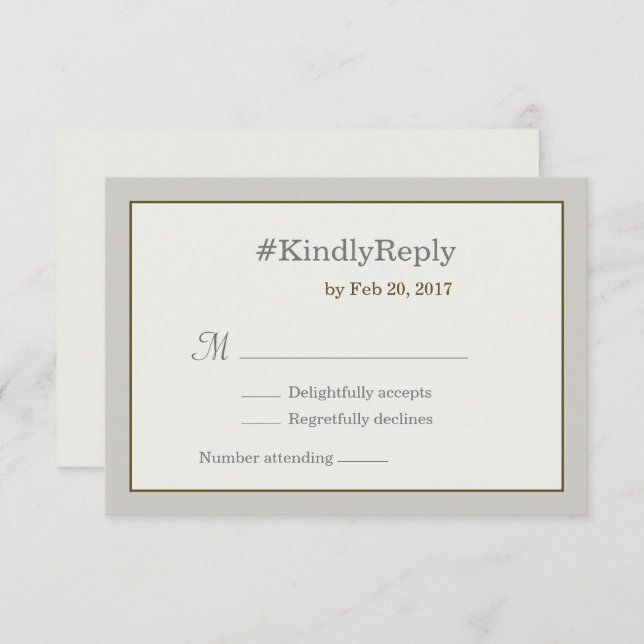 Hashtag personalised grey gold white wedding rsvp invitation (Front/Back)