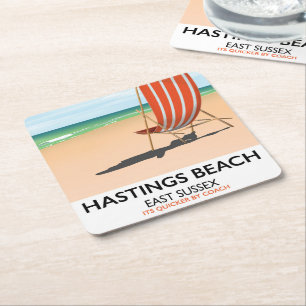 Hastings Beach, East Sussex vintage travel poster Square Paper Coaster