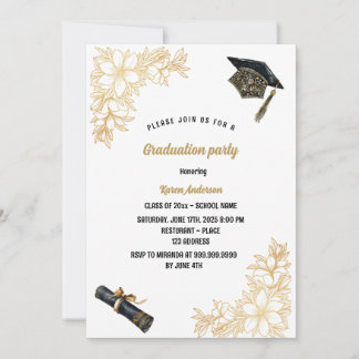 hat Graduation party black and gold    Invitation