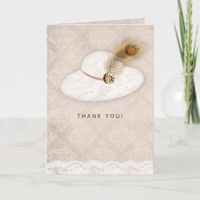 Hat One Feather Thank You Card Lace Damask (Front)