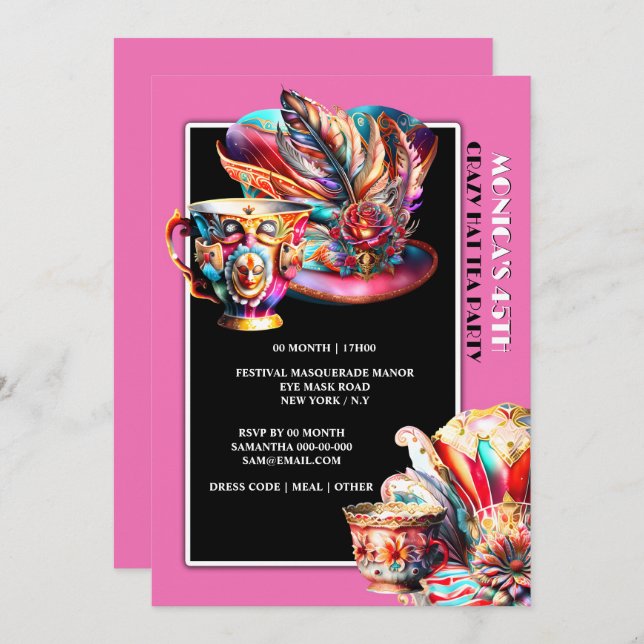 Hat tea party festival masquerade feather pink invitation (Front/Back)