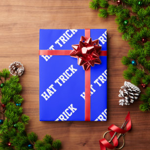 HAT TRICK Fun Athletic White Text On Royal Blue Wrapping Paper