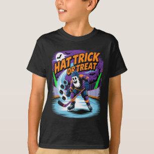 Hat Trick Or Treat Funny Ice Hockey Ghost Hallowee T-Shirt