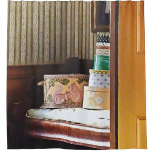 Hatboxes Seen Through an Open Door Shower Curtain