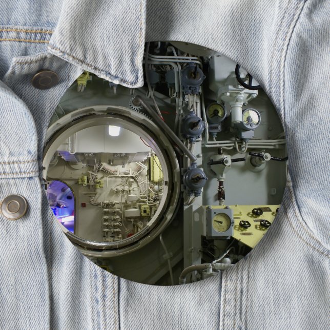 hatch on an old retro submarine 6 cm round badge (In Situ)