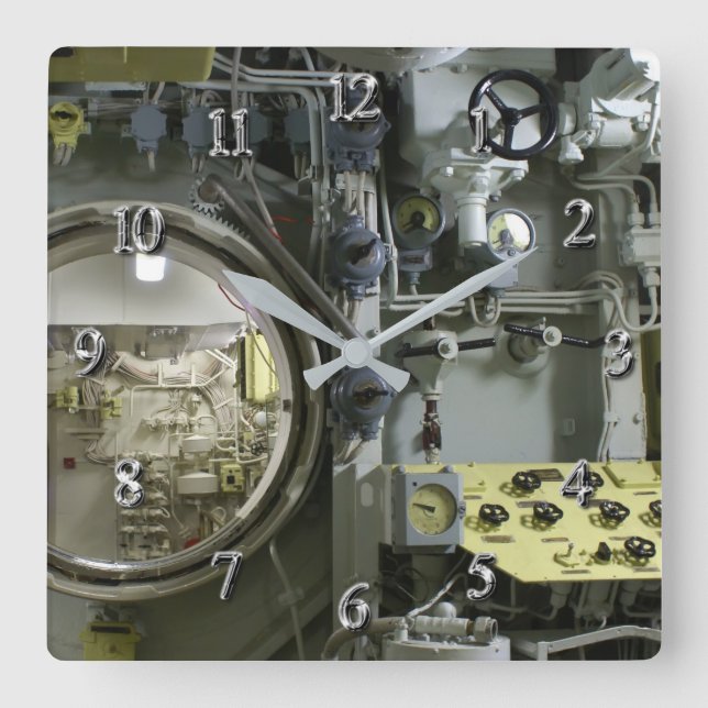 hatch on an old retro submarine square wall clock (Front)
