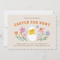 Hatched Floral Easter Egg Hunt Invitation - Beige