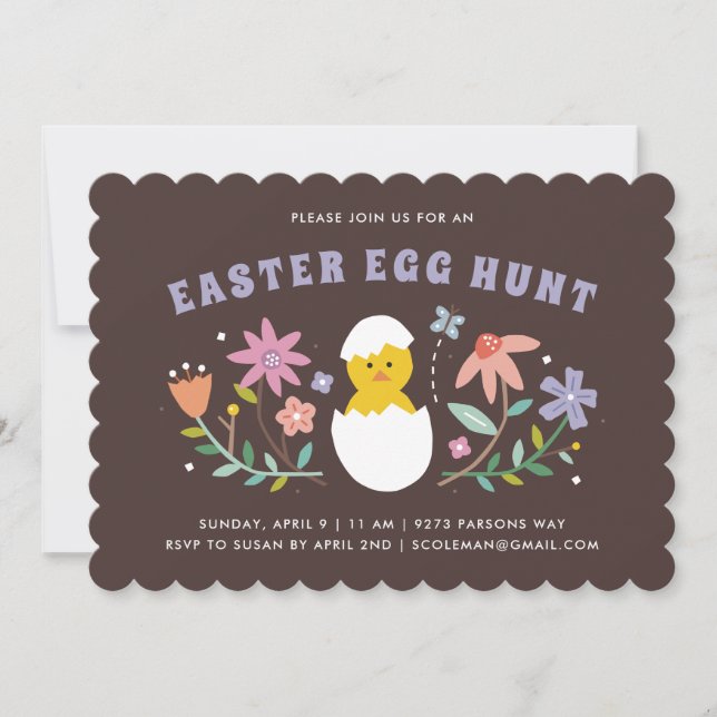 Hatched Floral Easter Egg Hunt Invitation - Brown (Front)