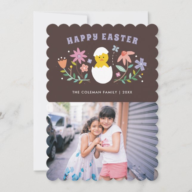 Hatched Floral Easter Holiday Photo Card - Brown (Front)
