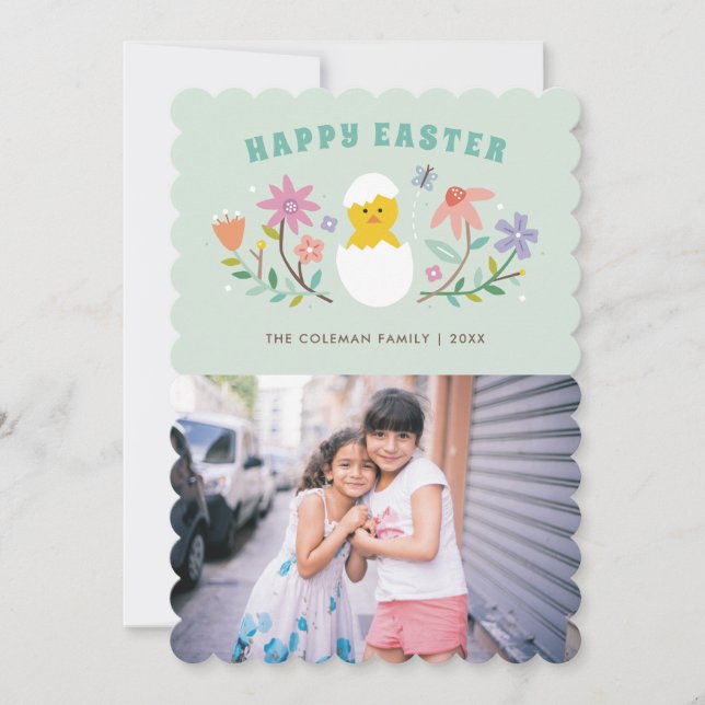Hatched Floral Easter Holiday Photo Card - Mint (Front)