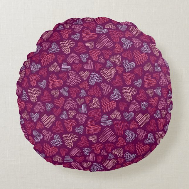 Hatched Scribbled Hearts Texture Pattern Round Cushion (Front)