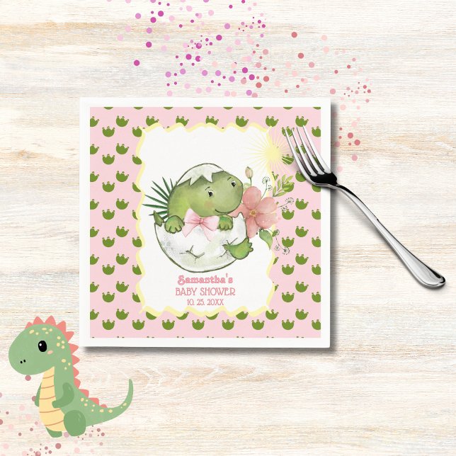 Hatching Dino with Bow & Flower Party Napkins (Hatching Dino with Bow & Flower Party Napkins)
