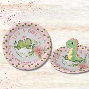 Hatching Dino with Pink Bow Baby Shower Plates