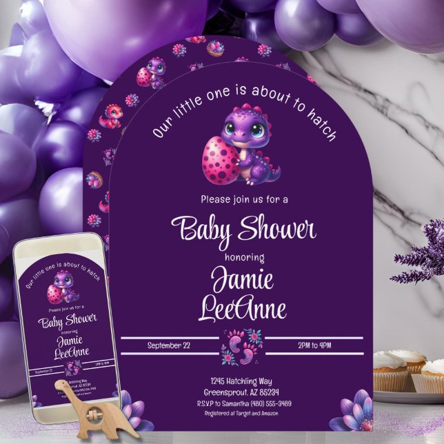 Hatching Soon Baby Dinosaur Purple Baby Shower Invitation (Modern "Hatching Soon" Purple Dinosaur Arch Baby Shower Invitation - Digital and Print)