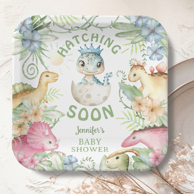 Hatching Soon Dino Boy Dinosaur Baby Shower Paper Plate (Creator Uploaded)