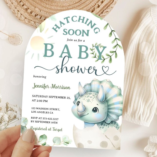 Hatching Soon Dinosaur Baby Shower Boy Blue Arch Invitation (Creator Uploaded)