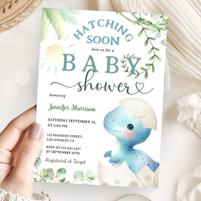 Hatching Soon Dinosaur Baby Shower Boy Blue Cute Invitation (Creator Uploaded)