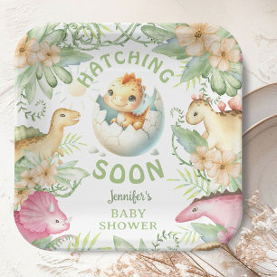 Hatching Soon Dinosaur Baby Shower Gender Neutral Paper Plate