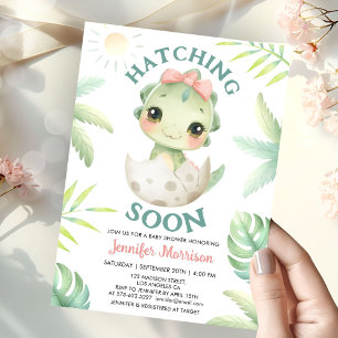 Hatching Soon Dinosaur Baby Shower Girl Pink Bow Invitation