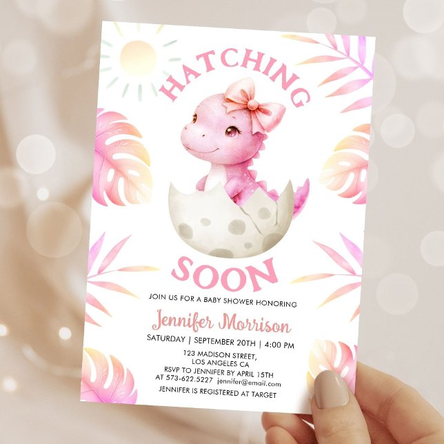 Hatching Soon Dinosaur Baby Shower Girl Pink Dino Invitation (Creator Uploaded)