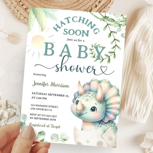 Hatching Soon Dinosaur Baby Shower Girl Pink Green Invitation (Creator Uploaded)