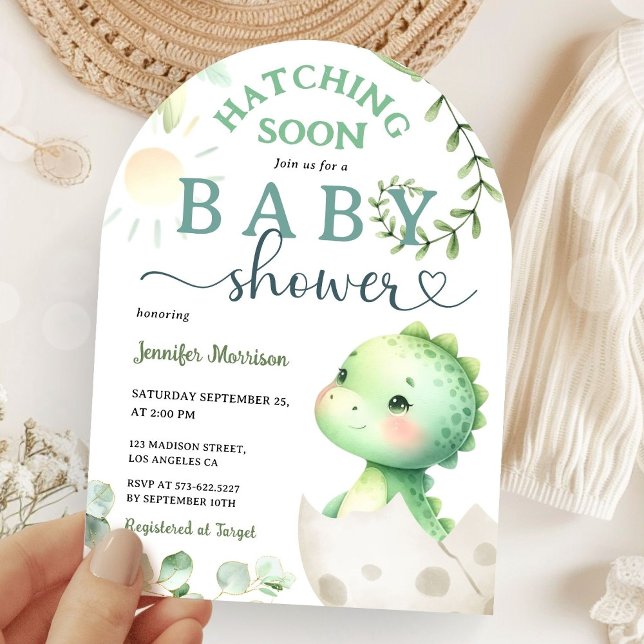 Hatching Soon Dinosaur Baby Shower Green Dino Arch Invitation (Creator Uploaded)