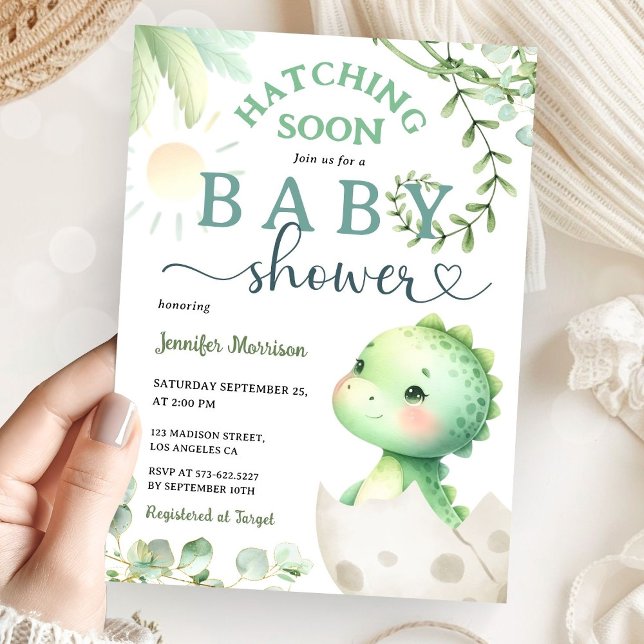 Hatching Soon Dinosaur Baby Shower Green Dino Invitation (Creator Uploaded)